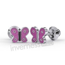 Сережки для проколу вух Inverness K008c Butterfly Pink Glitter 6mm з короткою голкою 9mm